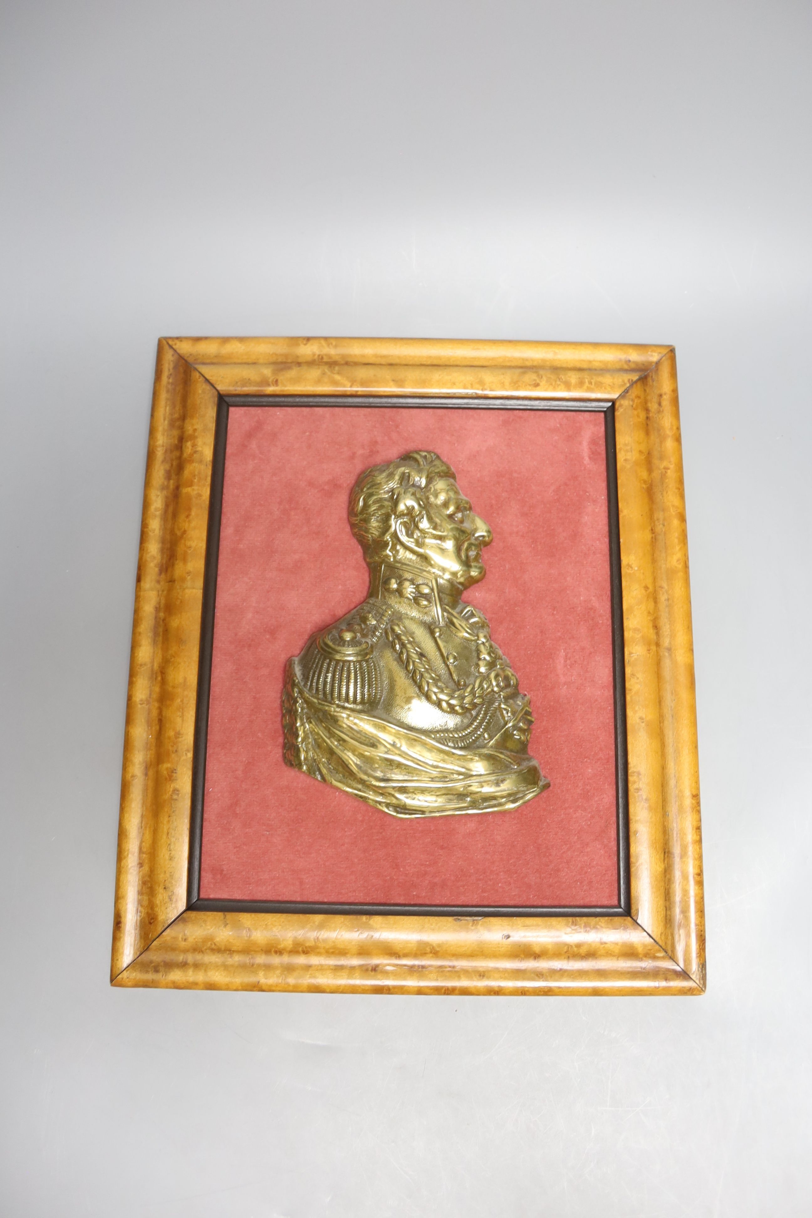 A Duke of Wellington bronze plaque, maple framed, overall 34 x 28cm